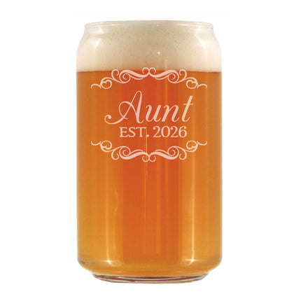 Aunt Est 2026 - Engraved Beer Can Glass - New Aunt Gift for First Time Aunts - Decorative Beer Can Shaped Pint Glass - 16oz