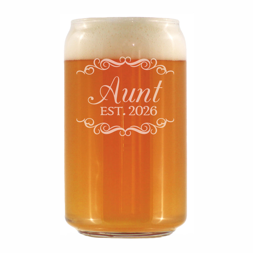 Aunt Est 2026 - Engraved Beer Can Glass - New Aunt Gift for First Time Aunts - Decorative Beer Can Shaped Pint Glass - 16oz