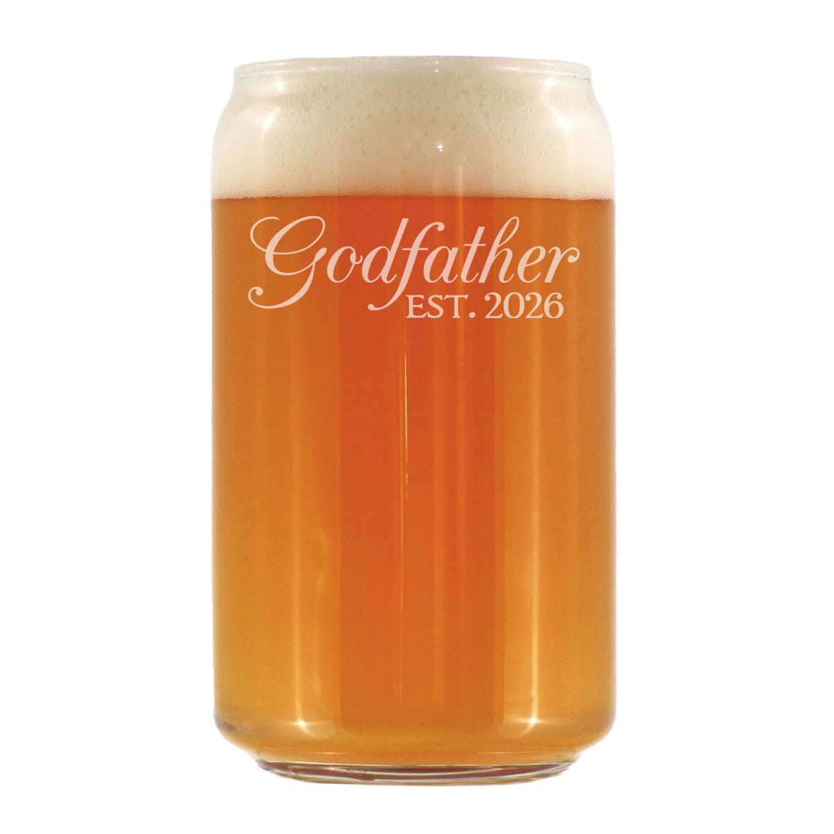 Godfather Est 2026 - Engraved Beer Can Glass - New Godfather Gift for First Time Godparents - Decorative Beer Can Shaped Pint Glass - 16oz
