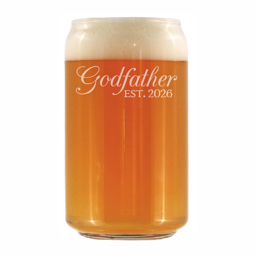 Godfather Est 2026 - Engraved Beer Can Glass - New Godfather Gift for First Time Godparents - Decorative Beer Can Shaped Pint Glass - 16oz