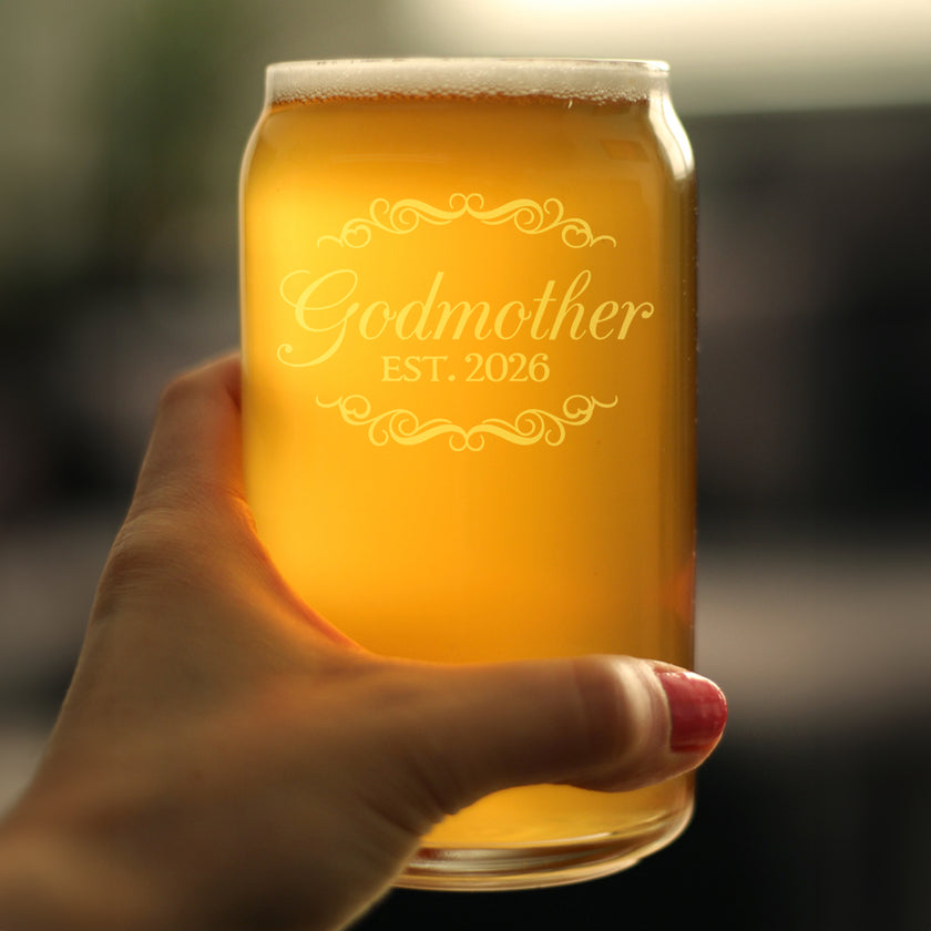 Godmother Est 2026 - Engraved Beer Can Glass - New Godmother Gift for First Time Godparents - Decorative Beer Can Shaped Pint Glass - 16oz