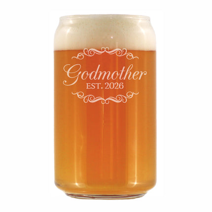 Godmother Est 2026 - Engraved Beer Can Glass - New Godmother Gift for First Time Godparents - Decorative Beer Can Shaped Pint Glass - 16oz