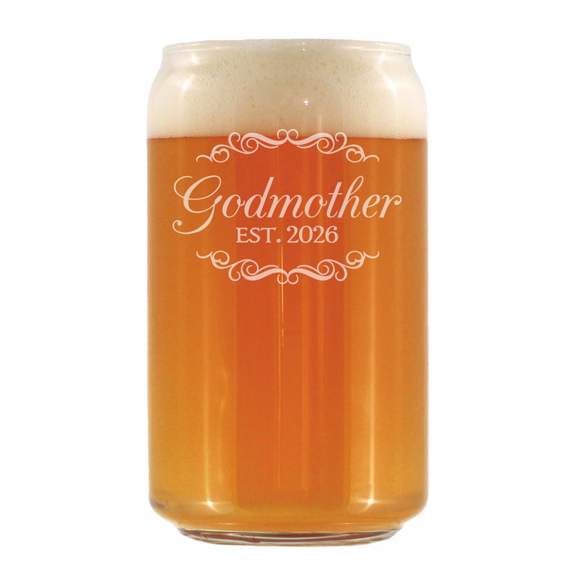 Godmother Est 2026 - Engraved Beer Can Glass - New Godmother Gift for First Time Godparents - Decorative Beer Can Shaped Pint Glass - 16oz