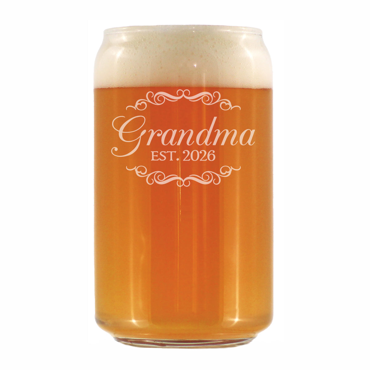 Grandma Est 2026 - Engraved Beer Can Glass - New Grandmother Gift for First Time Grandparents - Decorative Beer Can Shaped Pint Glass - 16oz