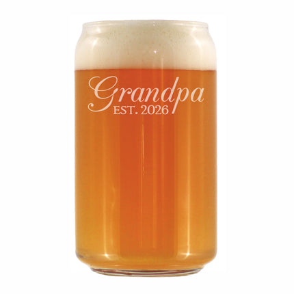 Grandpa Est 2026 - Engraved Beer Can Glass - New Grandfather Gift for First Time Grandparents - Decorative Beer Can Shaped Pint Glass - 16oz