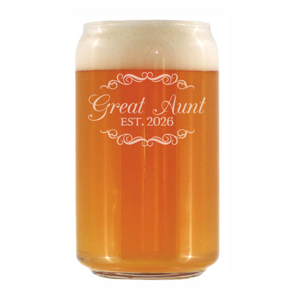 Great Aunt Est 2026 - Engraved Beer Can Glass - New Great Aunt Gift for First Time Great Aunts - Decorative Beer Can Shaped Pint Glass - 16oz