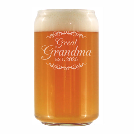 Great Grandma Est 2026 - Engraved Beer Can Glass - New Great Grandmother Gift for First Time Great Grandparents - Decorative Beer Can Shaped Pint Glass - 16oz