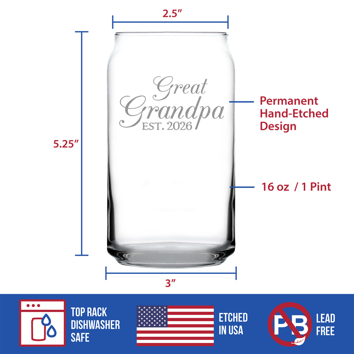 Great Grandpa Est 2026 - Engraved Beer Can Glass - New Great Grandfather Gift for First Time Great Grandparents - Decorative Beer Can Shaped Pint Glass - 16oz