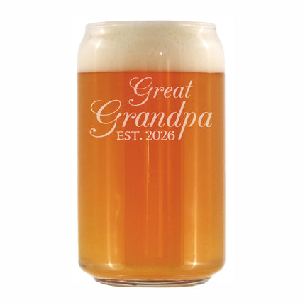 Great Grandpa Est 2026 - Engraved Beer Can Glass - New Great Grandfather Gift for First Time Great Grandparents - Decorative Beer Can Shaped Pint Glass - 16oz