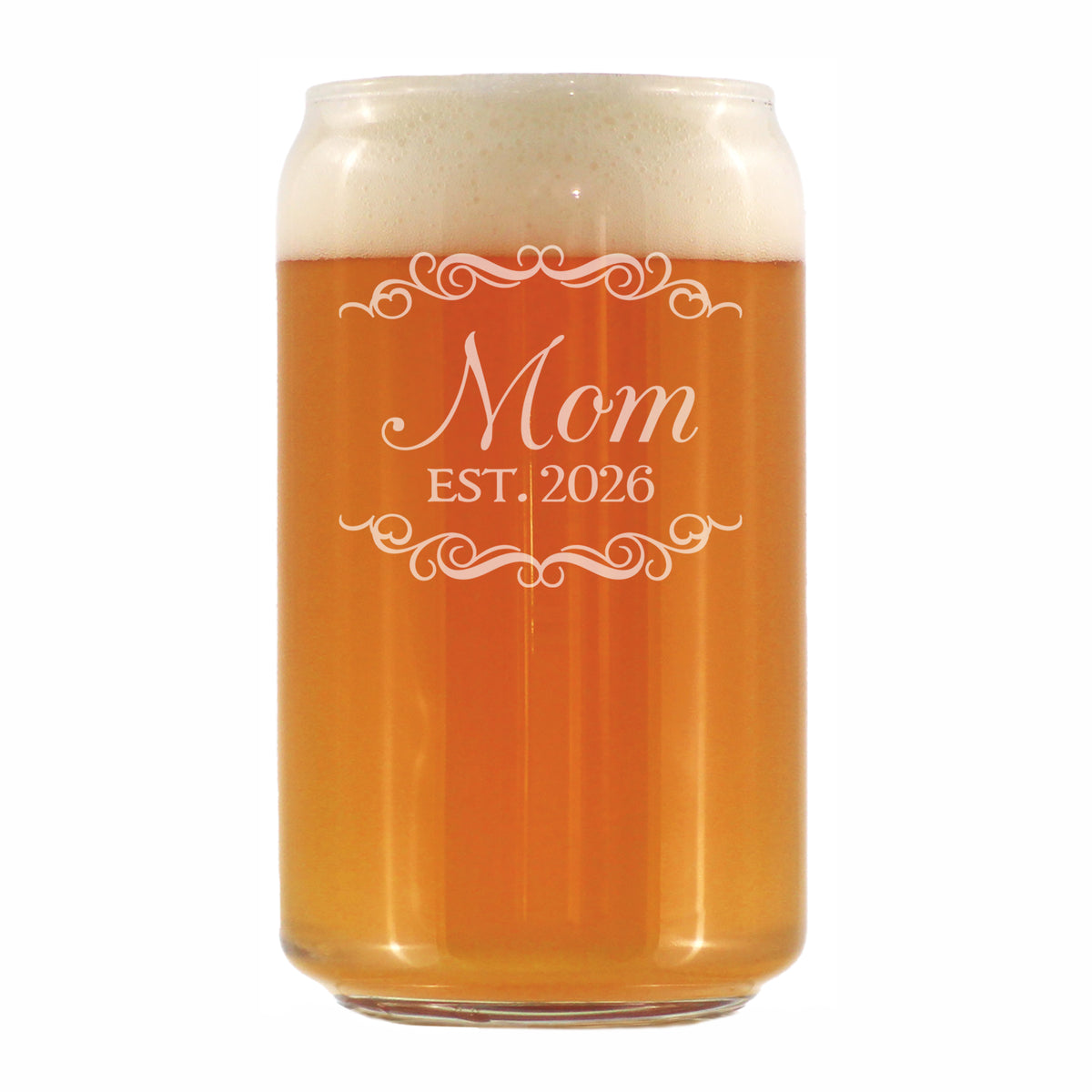 Mom Est 2026 - Engraved Beer Can Glass - New Mother Gift for First Time Parents - Decorative Beer Can Shaped Pint Glass - 16oz