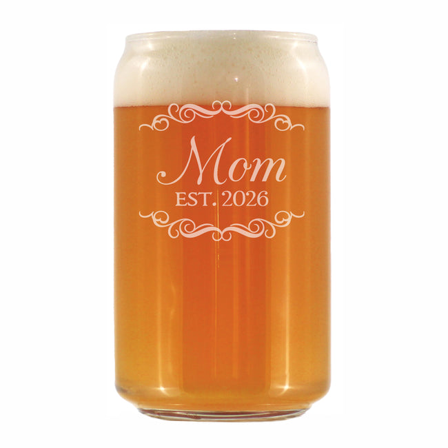 Mom Est 2026 - Engraved Beer Can Glass - New Mother Gift for First Time Parents - Decorative Beer Can Shaped Pint Glass - 16oz