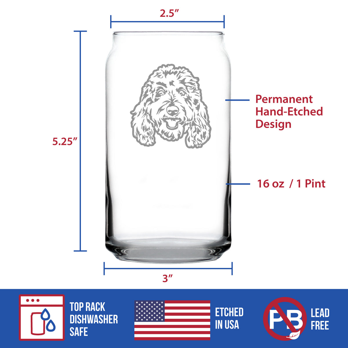 Golden Doodle Face - Beer Can Pint Glass - Goldendoodle Gifts for Women &amp; Men - 16 oz Glasses