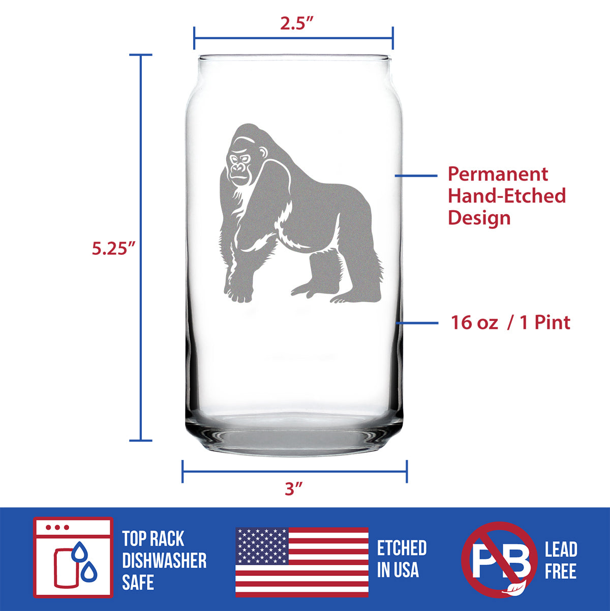 Gorilla Beer Can Pint Glass - Fun Wild Animal Themed Decor and Gifts for Lovers of Apes and Monkeys - 16 Oz Glasses