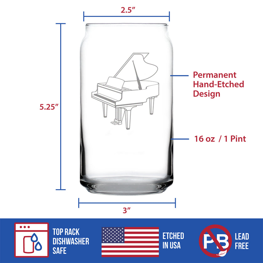 Grand Piano Beer Can Pint Glass - Music Gifts for Piano Players, Teachers and Musical Accessories for Musicians that Play Keys - 16 Oz Glasses