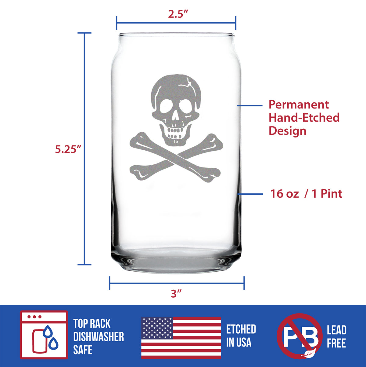 Skull and Crossbones Beer Can Pint Glass - Skull Decor and Jolly Roger Flag Gifts - 16 Oz Glasses