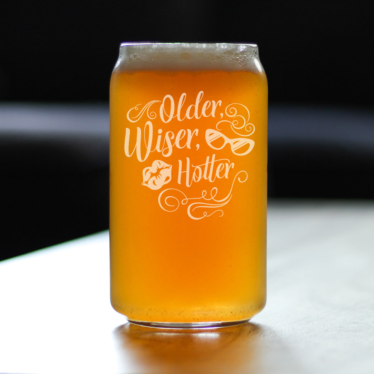 Older Wiser Hotter Engraved Beer Can Glass Gifts Funny Birthday Gifts for Women Beer Can Shaped Pint Glass - 16oz