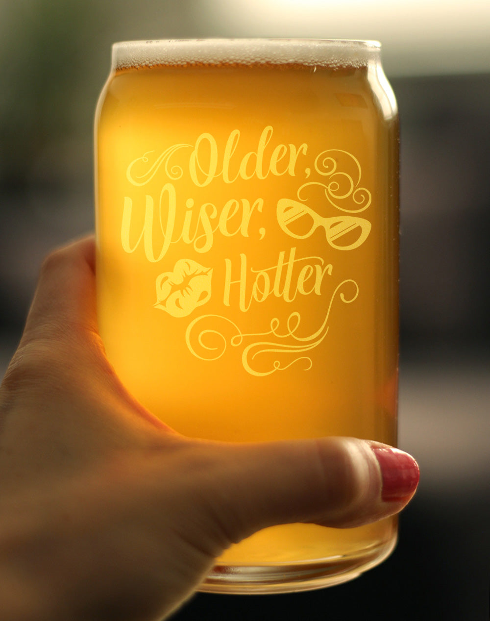 Older Wiser Hotter Engraved Beer Can Glass Gifts Funny Birthday Gifts for Women Beer Can Shaped Pint Glass - 16oz