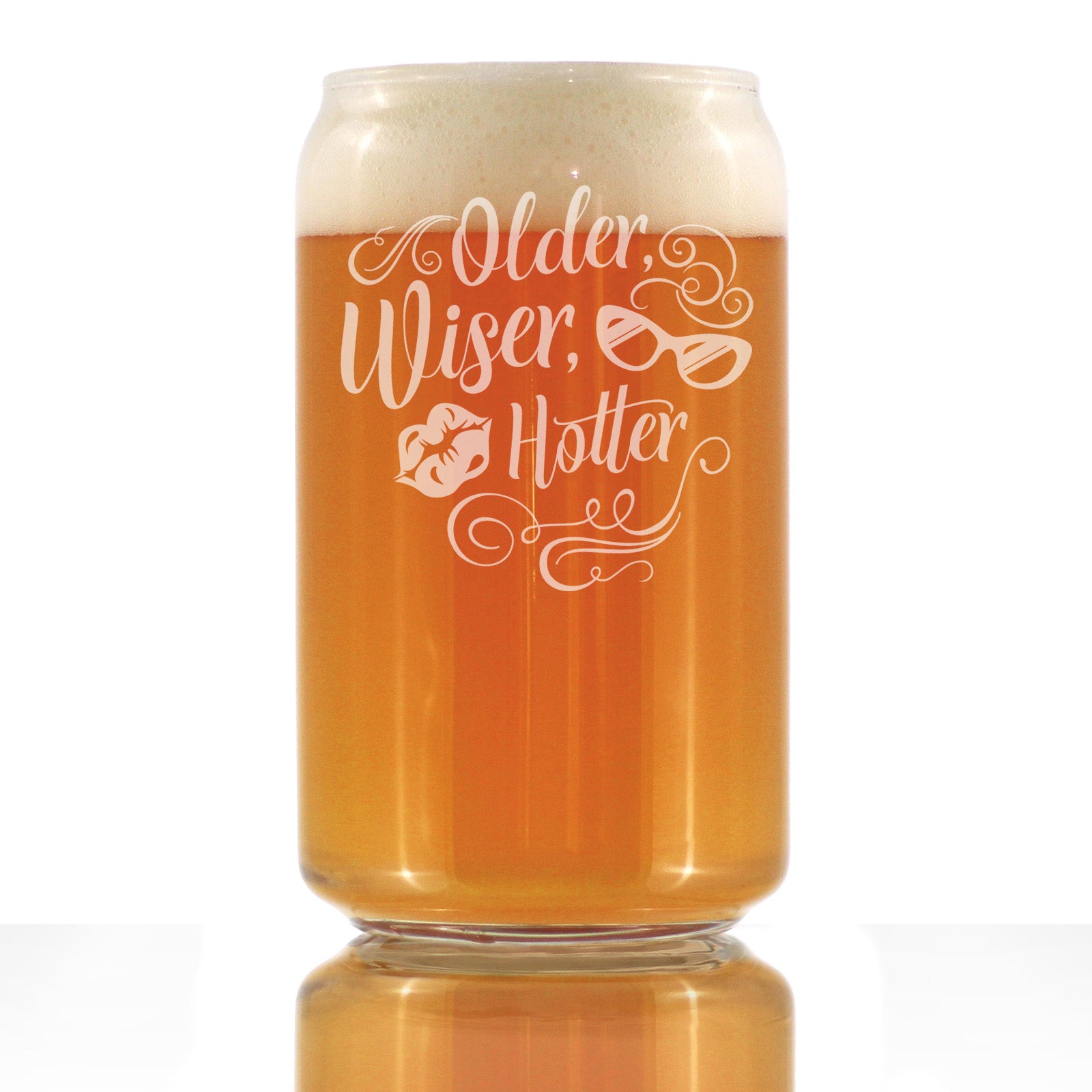 Older Wiser Hotter Engraved Beer Can Glass Gifts Funny Birthday Gifts for Women Beer Can Shaped Pint Glass - 16oz