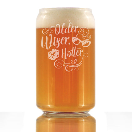 Older Wiser Hotter Engraved Beer Can Glass Gifts Funny Birthday Gifts for Women Beer Can Shaped Pint Glass - 16oz