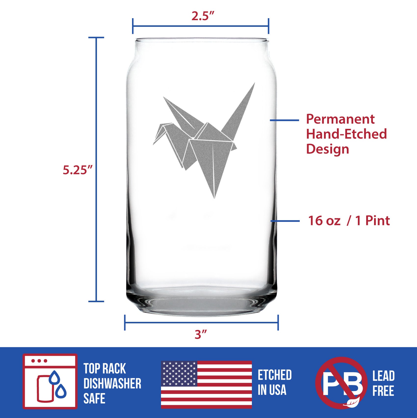 Paper Crane Engraved Beer Can Glass Japanese Decor and Gifts Beer Can Shaped Pint Glass - 16oz