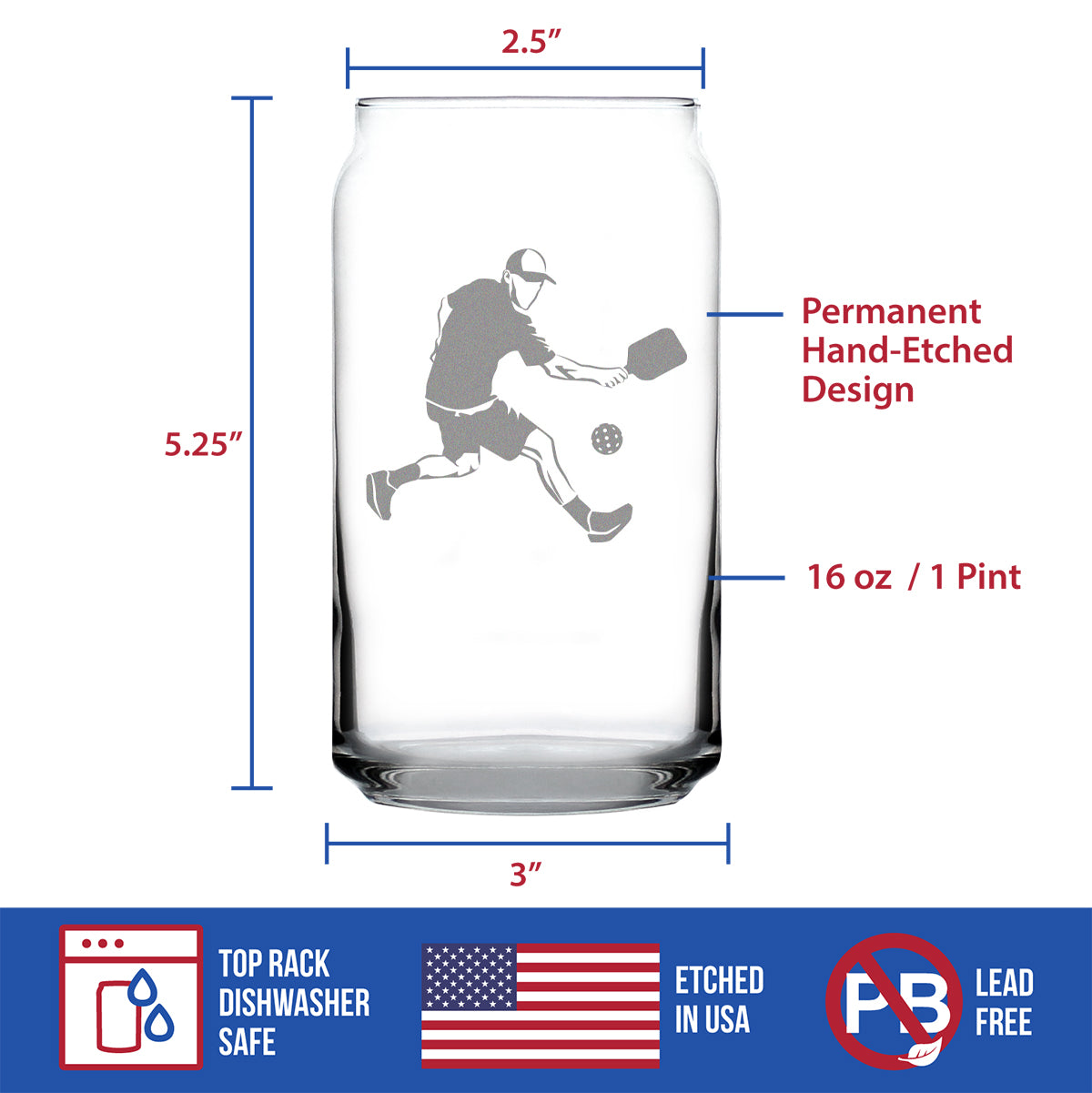 Pickleball Player Man Beer Can Pint Glass - Pickleball Gifts and Decor for Men - 16 Oz Glasses