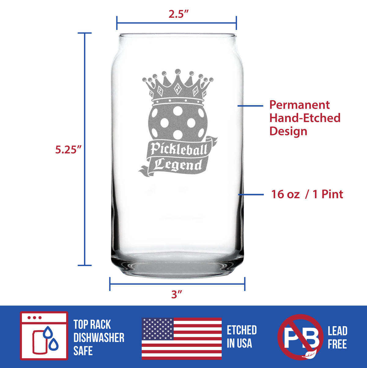 Pickleball Legend Engraved Beer Can Glass Gifts for Picklers Beer Can Shaped Pint Glass - 16oz