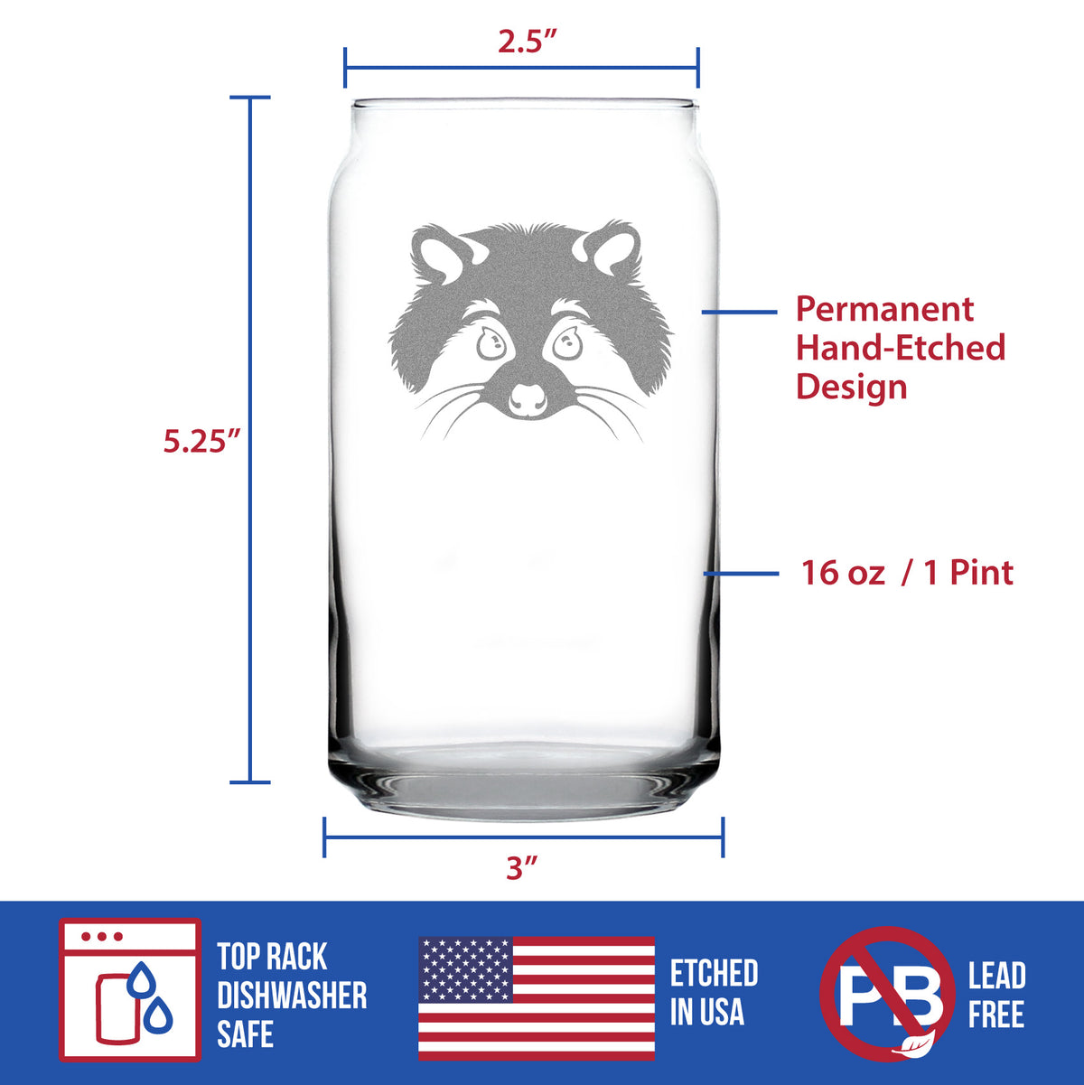 Raccoon Face - Beer Can Pint Glass - Cute Raccoon Gifts for Animal Lovers - 16 oz Glasses