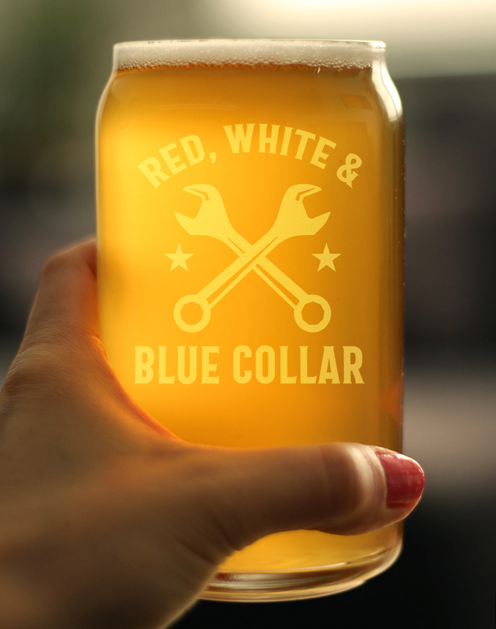Red White &amp; Blue Collar Engraved Beer Can Glass Gifts Gifts for Tradesmen, Manual Labor Workers Beer Can Shaped Pint Glass - 16oz