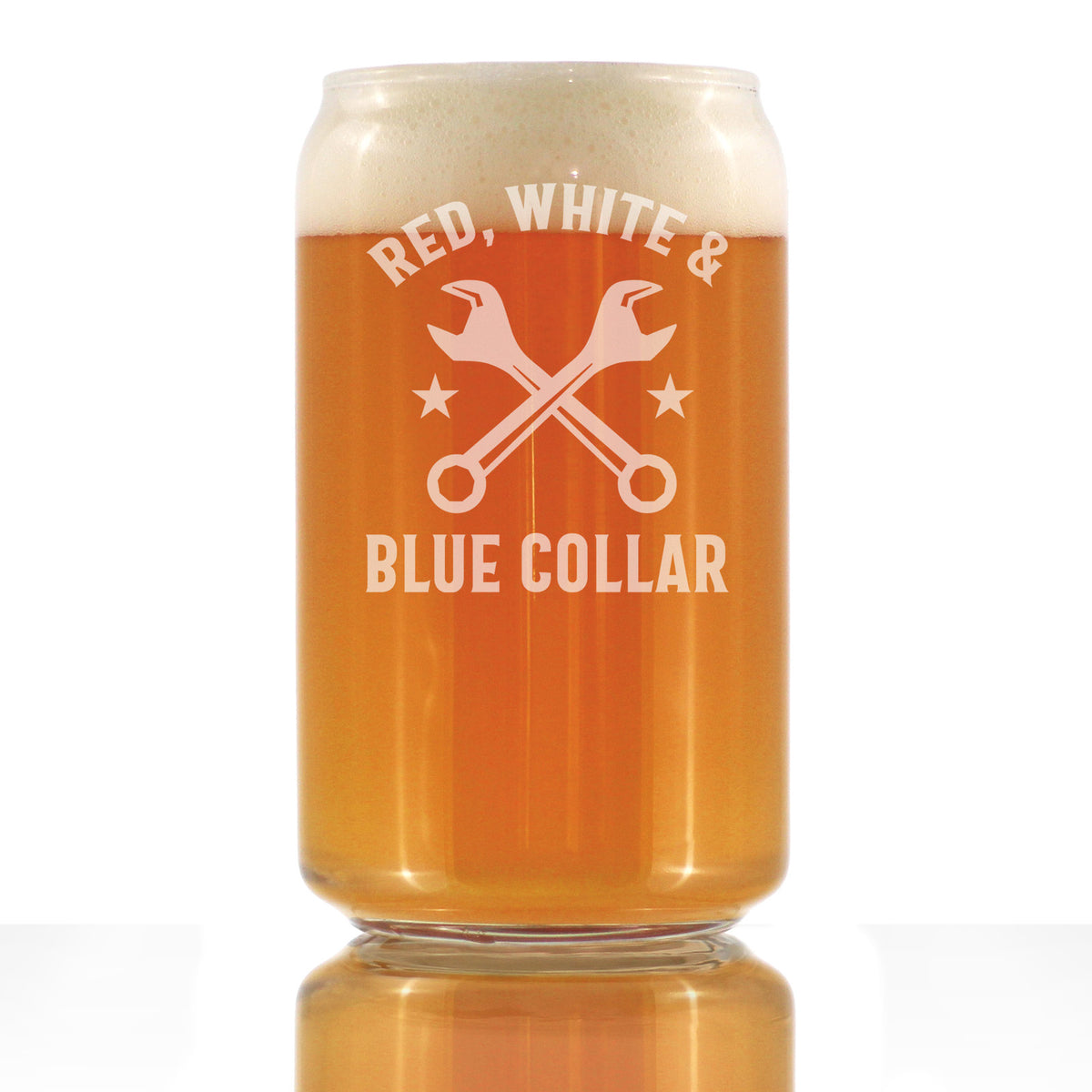 Red White &amp; Blue Collar Engraved Beer Can Glass Gifts Gifts for Tradesmen, Manual Labor Workers Beer Can Shaped Pint Glass - 16oz