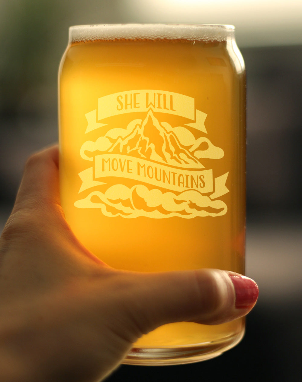 She Will Move Mountains - Beer Can Pint Glass - Inspirational Gifts for Women - 16 oz Glasses