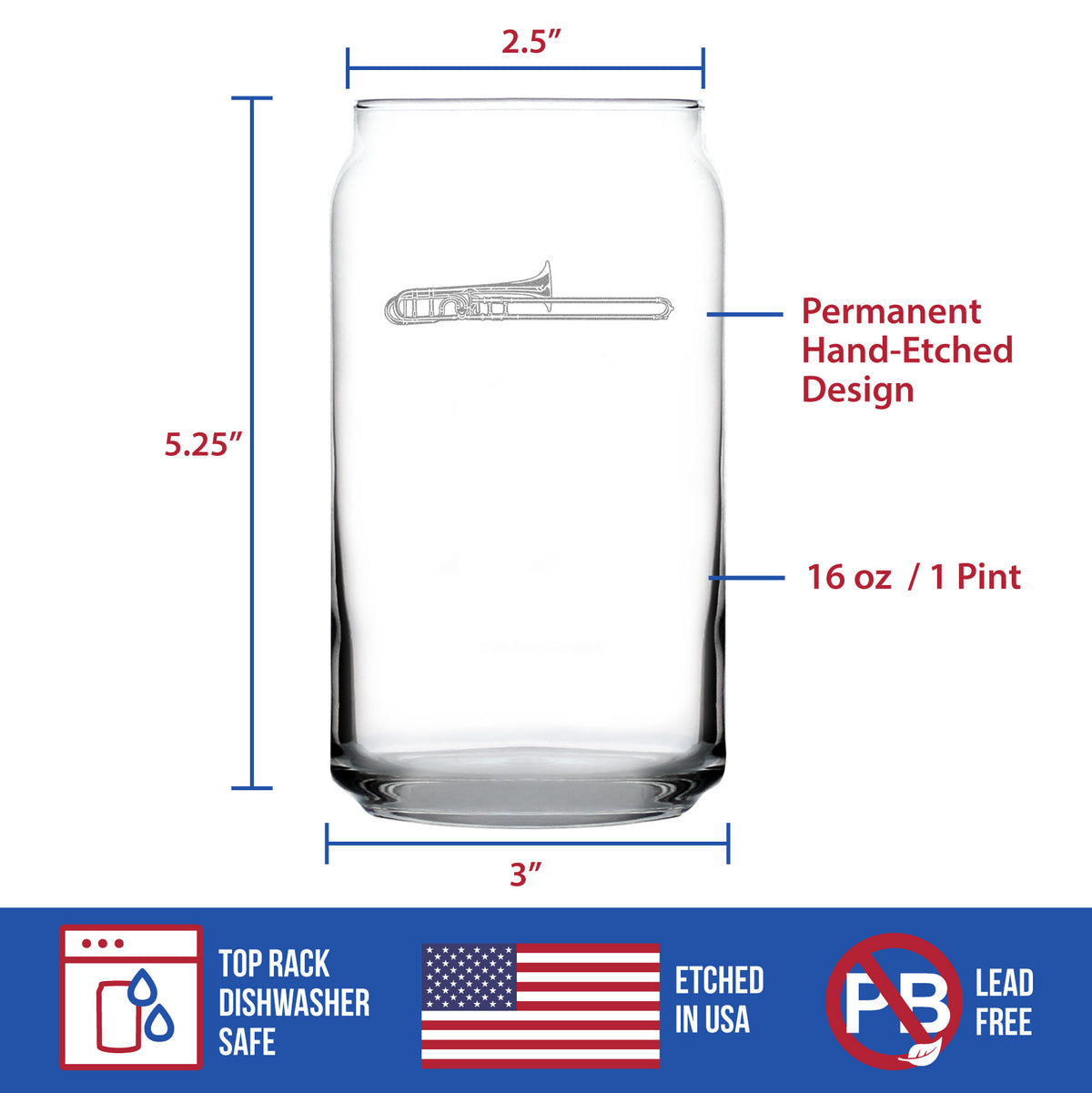 Trombone Engraved Beer Can Glass Gifts for Musicians Beer Can Shaped Pint Glass - 16oz