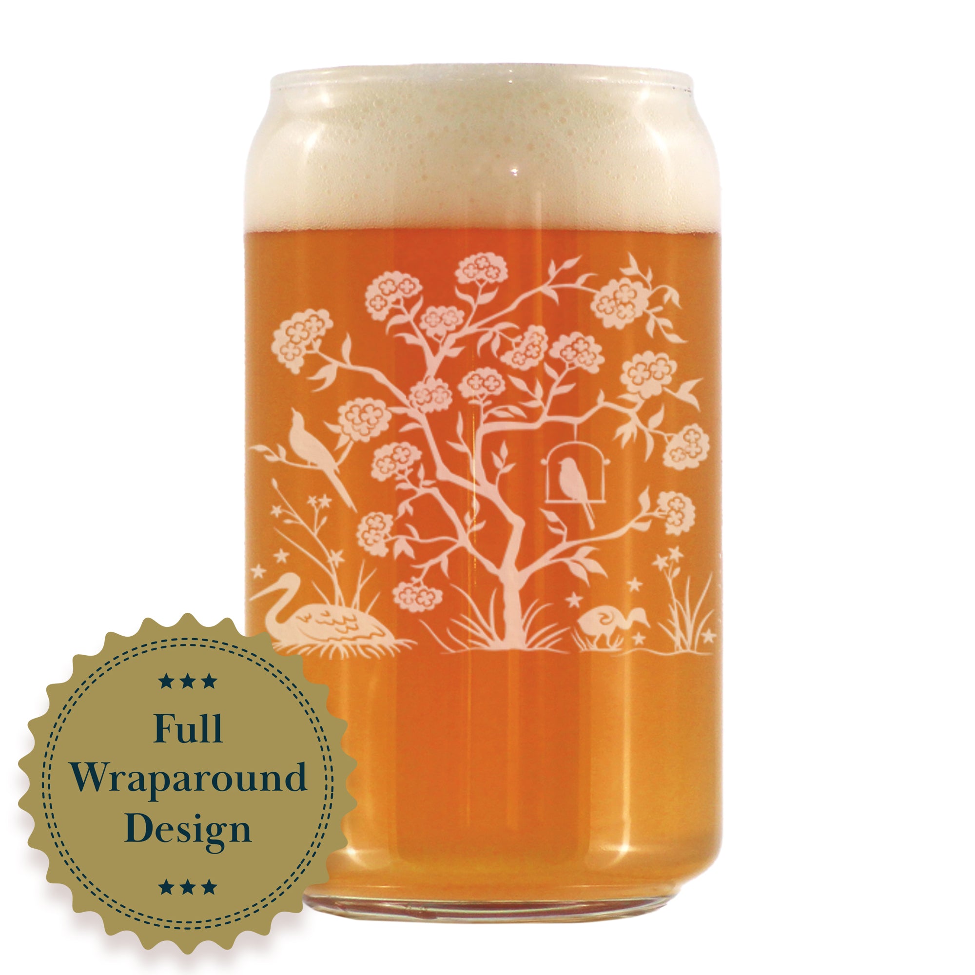 Chinoiserie Mural Pattern Engraved Beer Can Glass - Full Wrap - Multi-Layer Engraving - 16 oz