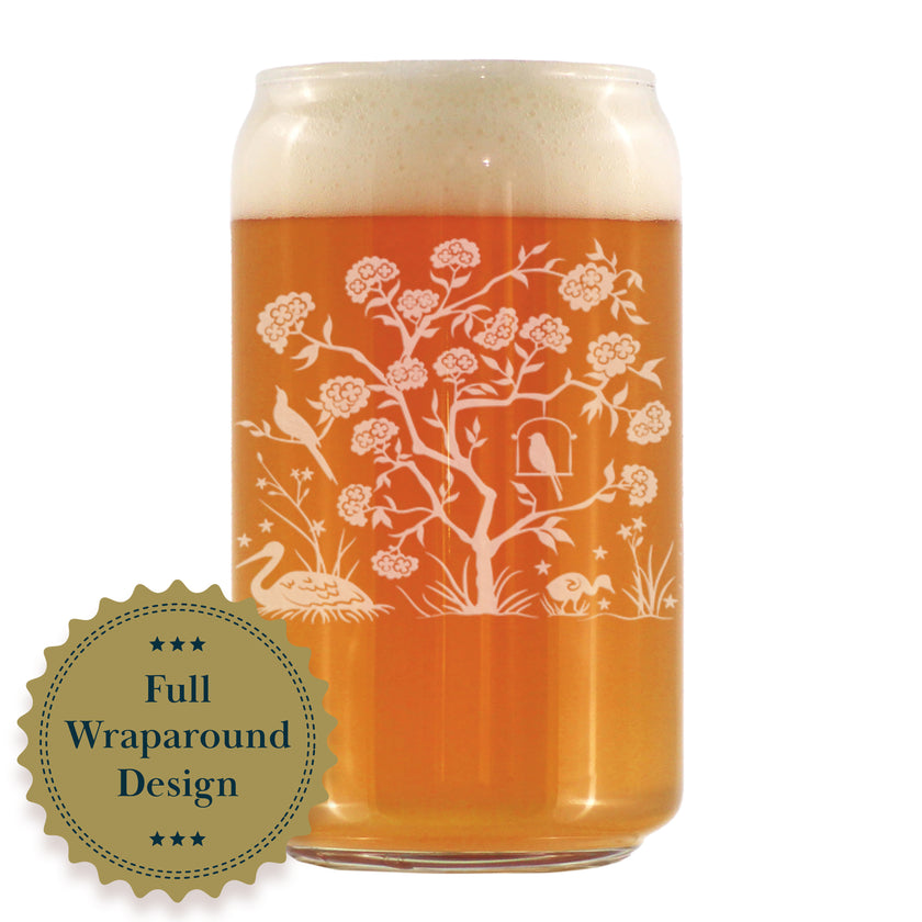 Chinoiserie Mural Pattern Engraved Beer Can Glass - Full Wrap - Multi-Layer Engraving - 16 oz