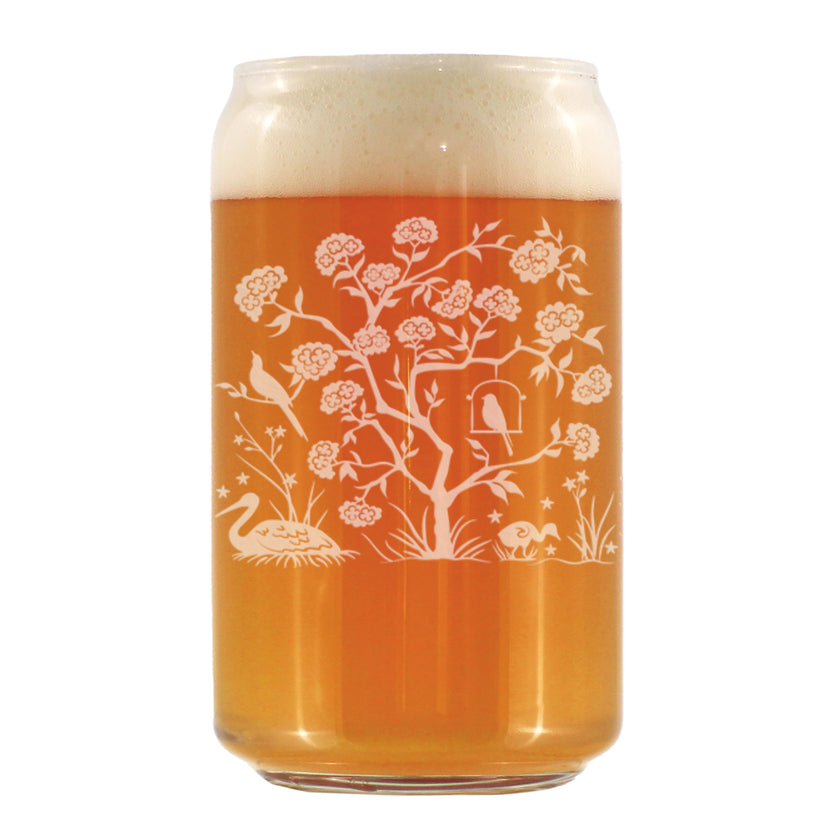 Chinoiserie Mural Pattern Engraved Beer Can Glass - Full Wrap - Multi-Layer Engraving - 16 oz