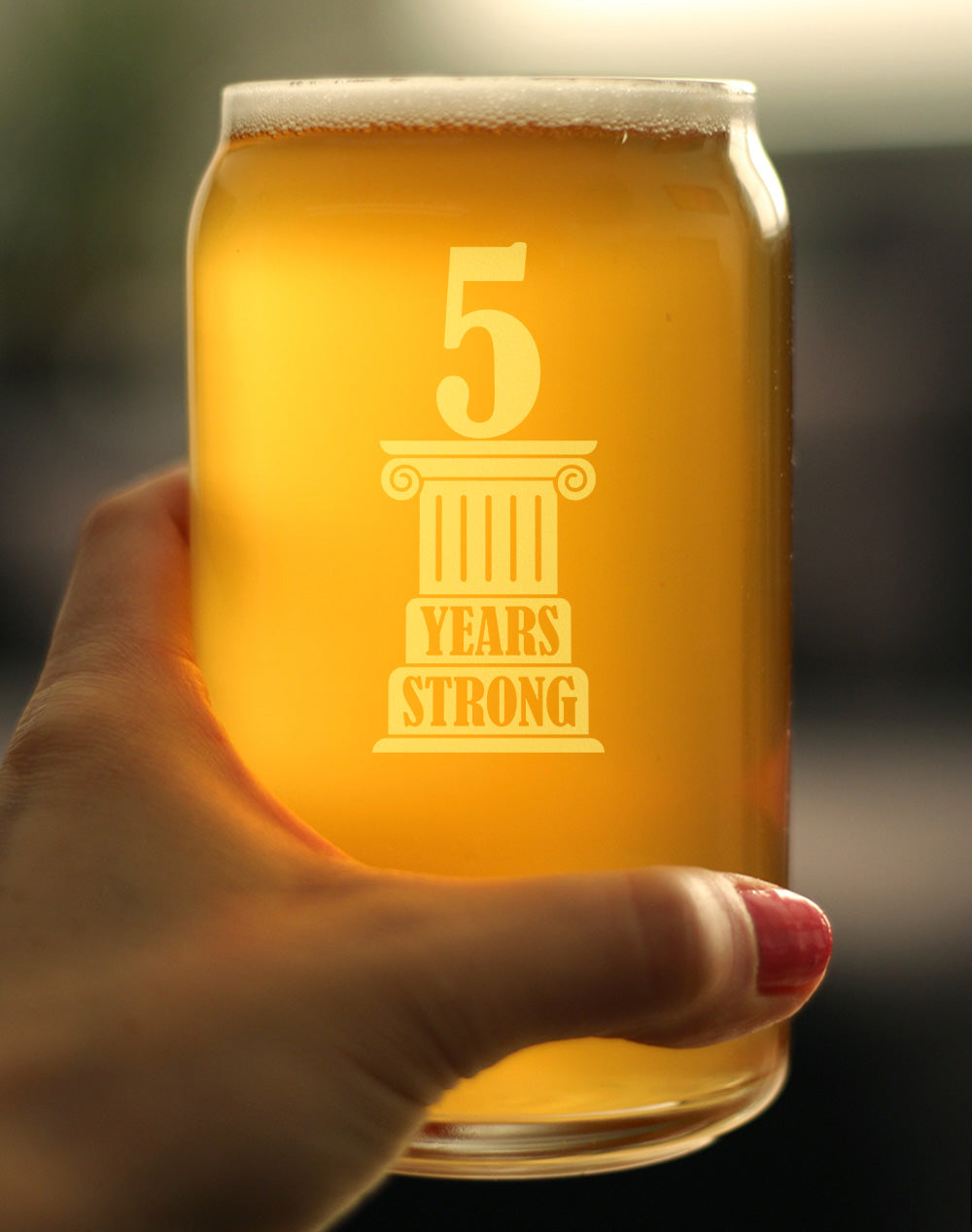 5 Years Strong Engraved Beer Can Glass Gifts 5th Anniversary Party Decor Beer Can Shaped Pint Glass - 16oz