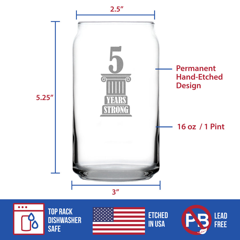 5 Years Strong Engraved Beer Can Glass Gifts 5th Anniversary Party Decor Beer Can Shaped Pint Glass - 16oz