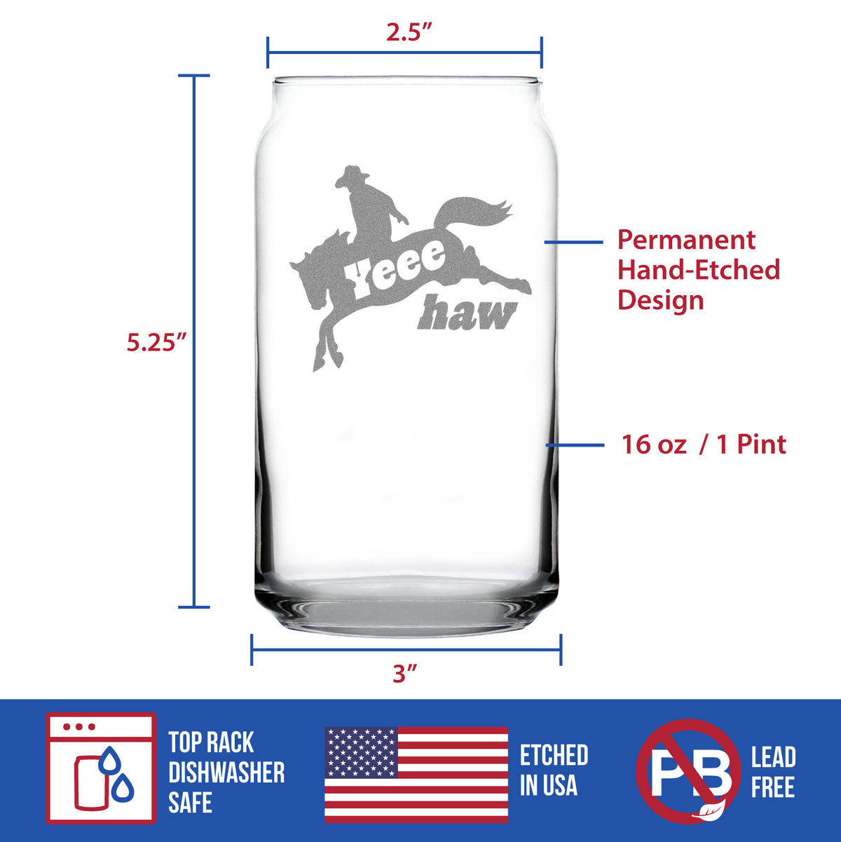 Yeehaw Engraved Beer Can Glass Gifts Rodeo Party Decor &amp; Western Home Decorations Beer Can Shaped Pint Glass - 16oz