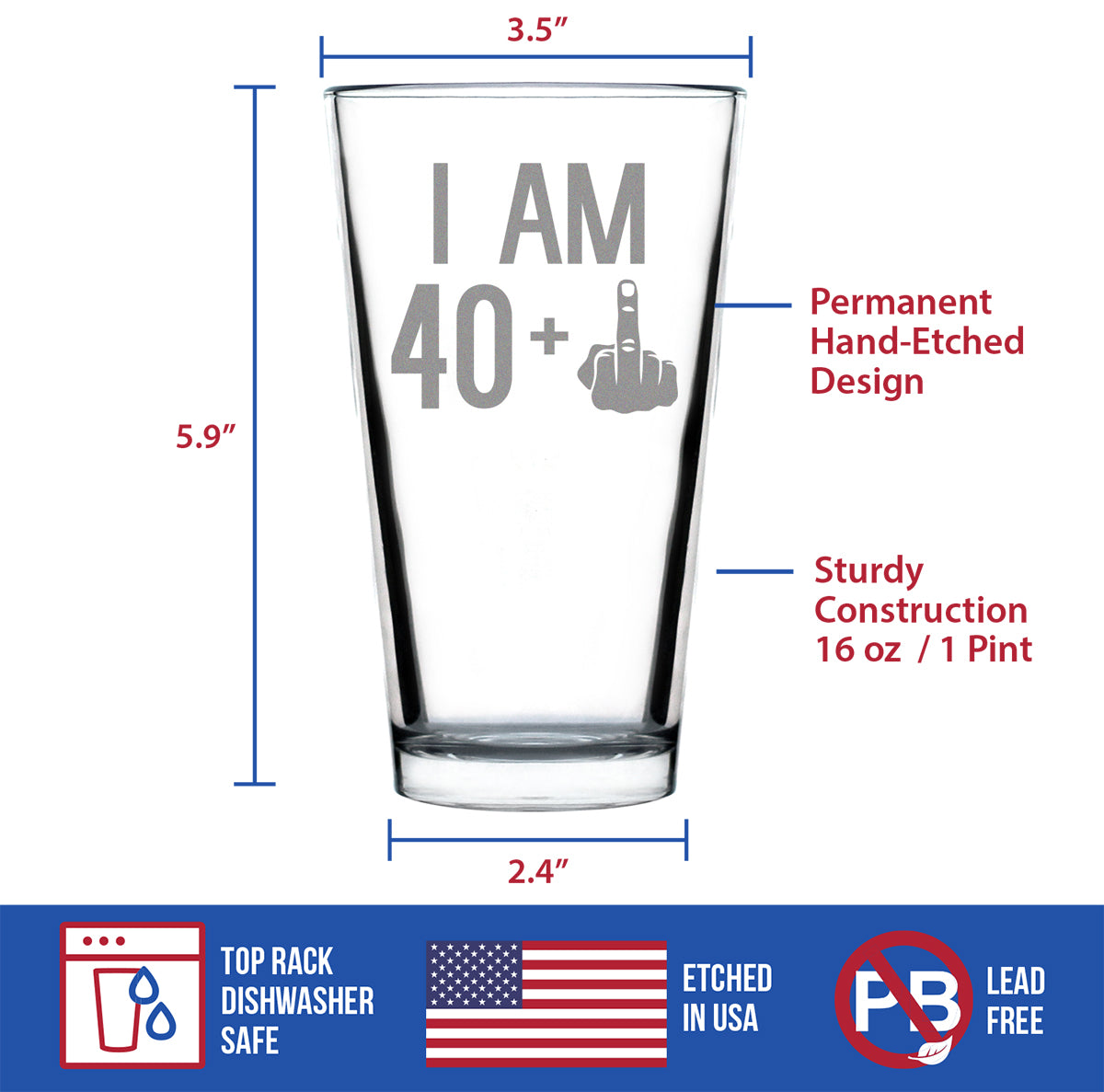 40 + 1 Middle Finger - 16 oz Pint Glass for Beer - Funny 41st Birthday Gifts for Men and Women Turning 41
