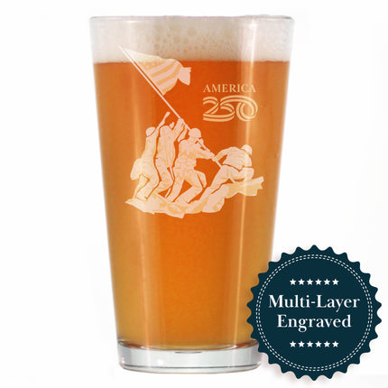American 250 Raising the Flag on Iwo Jima Engraved Pint Glass America250 Official for 250th Anniversary of the USA High Quality Pint Glasses for Beer - 16oz