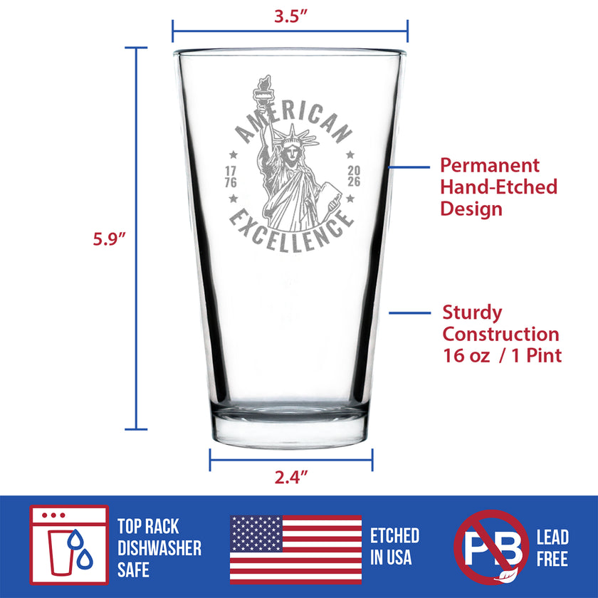 America 250 American Excellence Engraved Pint Glass America250 Official for 250th Anniversary of the USA High Quality Pint Glasses for Beer - 16oz