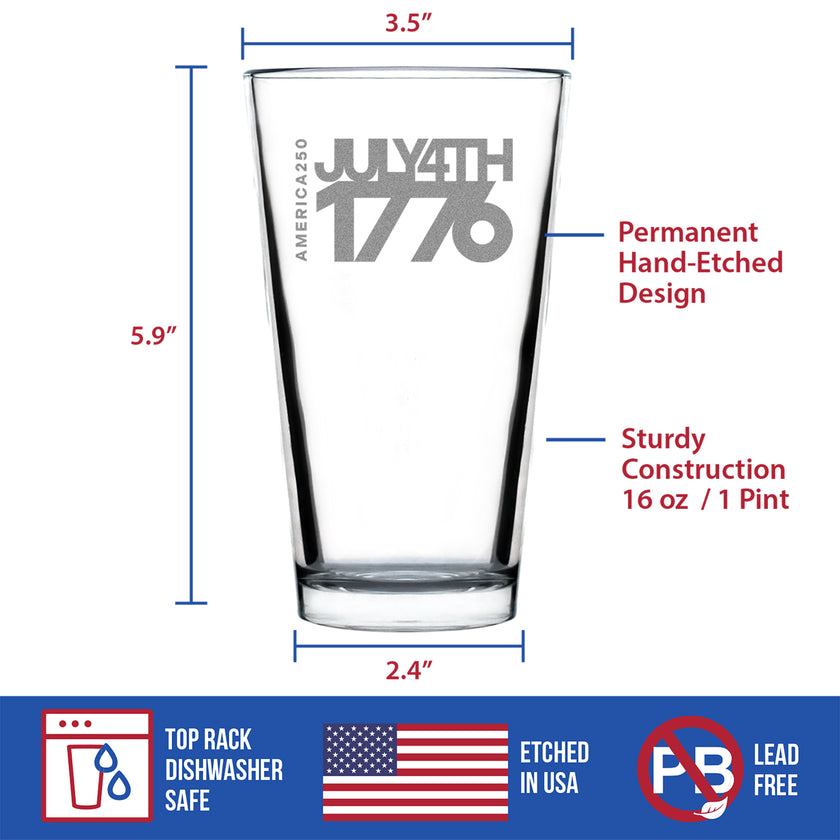 America 250 July 4 1776 Engraved Pint Glass America250 Official for 250th Anniversary of the USA High Quality Pint Glasses for Beer - 16oz