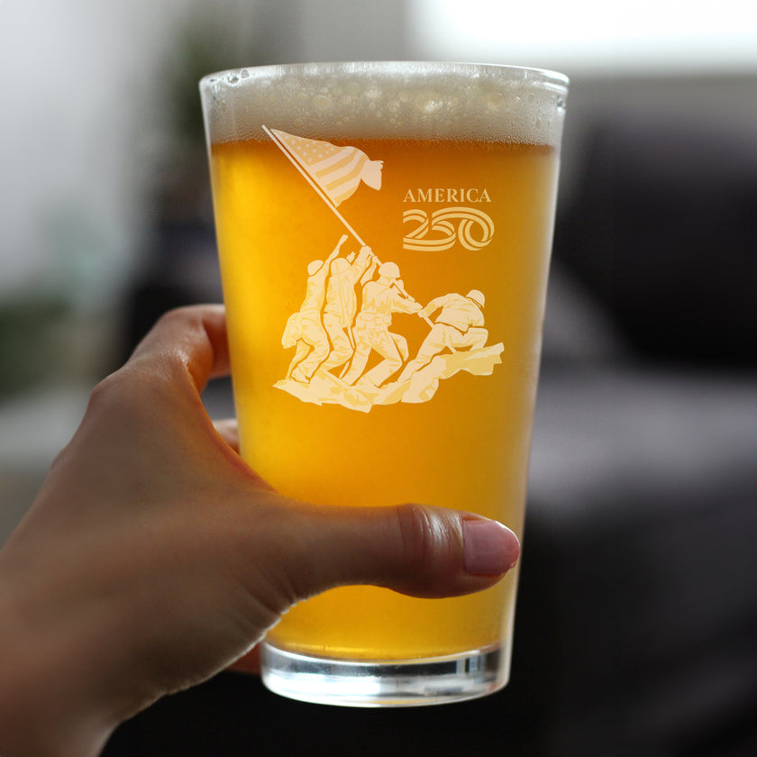 American 250 Raising the Flag on Iwo Jima Engraved Pint Glass America250 Official for 250th Anniversary of the USA High Quality Pint Glasses for Beer - 16oz