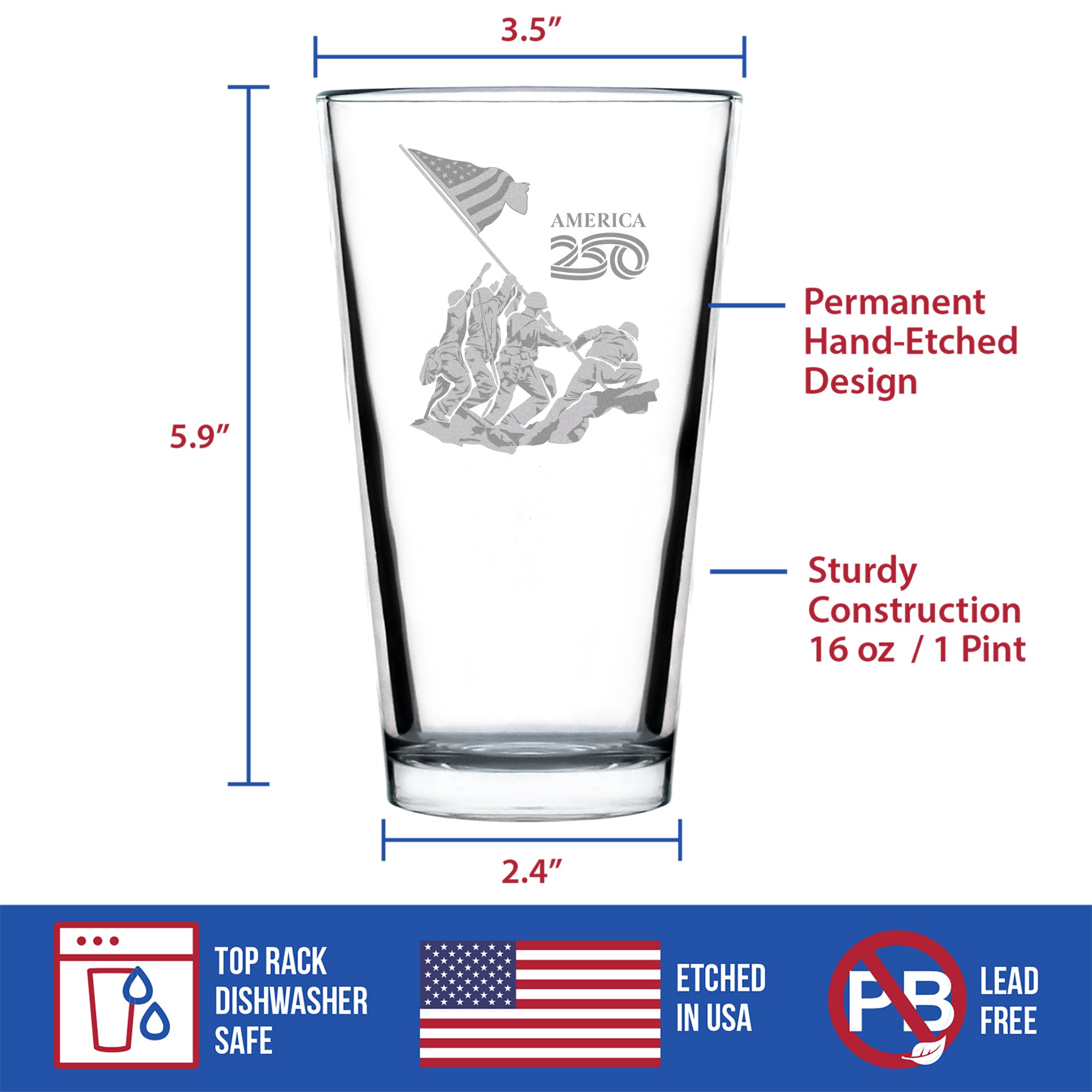 American 250 Raising the Flag on Iwo Jima Engraved Pint Glass America250 Official for 250th Anniversary of the USA High Quality Pint Glasses for Beer - 16oz