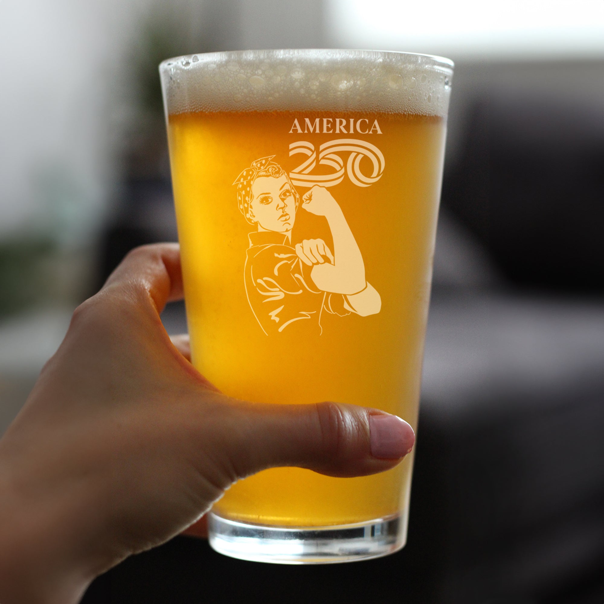 America 250 Rosie the Riveter Engraved Pint Glass America250 Official for 250th Anniversary of the USA High Quality Pint Glasses for Beer - 16oz