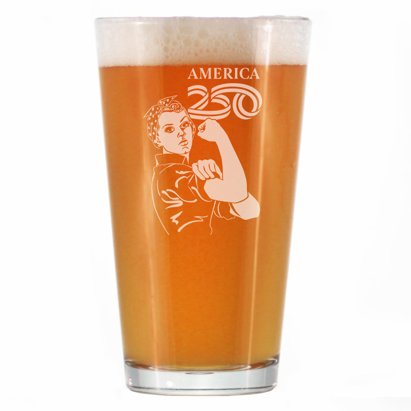 America 250 Rosie the Riveter Engraved Pint Glass America250 Official for 250th Anniversary of the USA High Quality Pint Glasses for Beer - 16oz