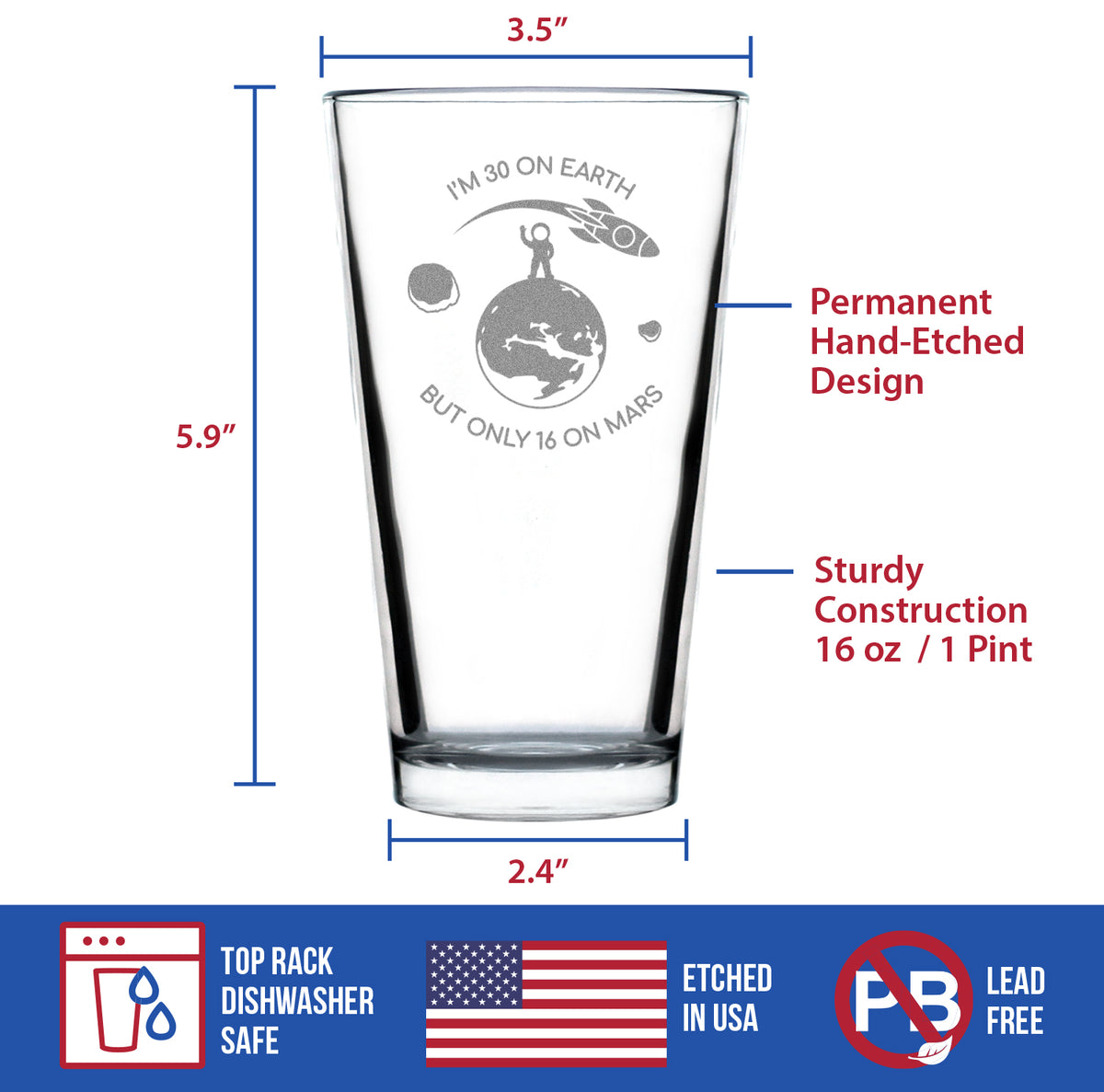 Age on Mars 30 - Pint Glass for Beer - Unique Funny 30th Birthday Gifts for Women and Men - 16 oz Glasses