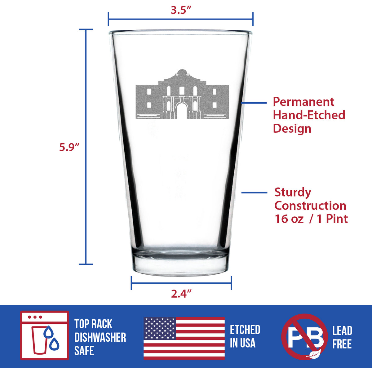 The Alamo Pint Glass for Beer - State of Texas Gifts and Souvenirs for Texans - 16 oz Glasses