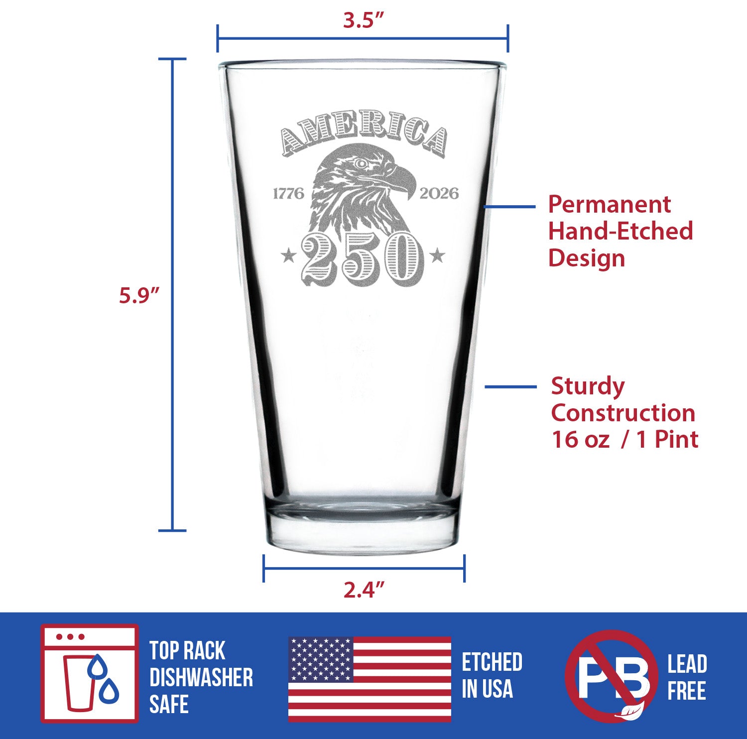 America's 250th Anniversary Engraved Pint Glass Celebrate America's Birth High Quality Pint Glasses for Beer - 16oz
