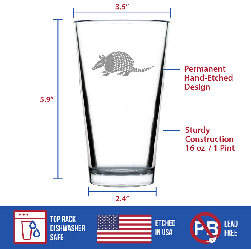 Armadillo Engraved Pint Glass Texas Gifts and Souvenirs High Quality Pint Glasses for Beer - 16oz