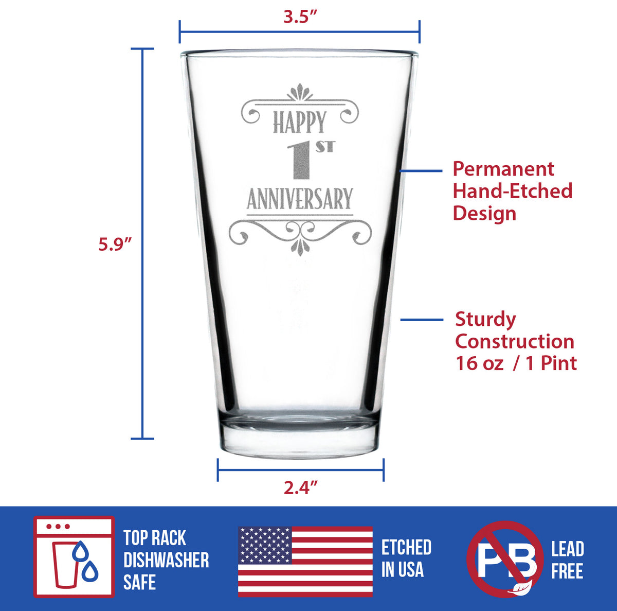 Happy 1st Anniversary Engraved Pint Glass Gifts 1 Year Anniversary Art Deco Party Decor High Quality Pint Glasses for Beer - 16oz